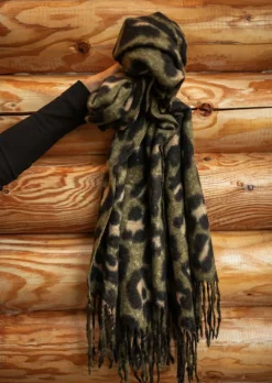 Echarpes & Foulards-EASY-CLOTHES Echarpe Malika - Leopard Kaki - Avec FrangesEasy Clothes Kaki en léopard
