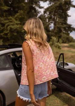 Pulls & Gilets-EASY-CLOTHES Gilet Benips - Sans Manche - Rose à Fleurs - Matière DouceEasy Clothes Rose à fleurs