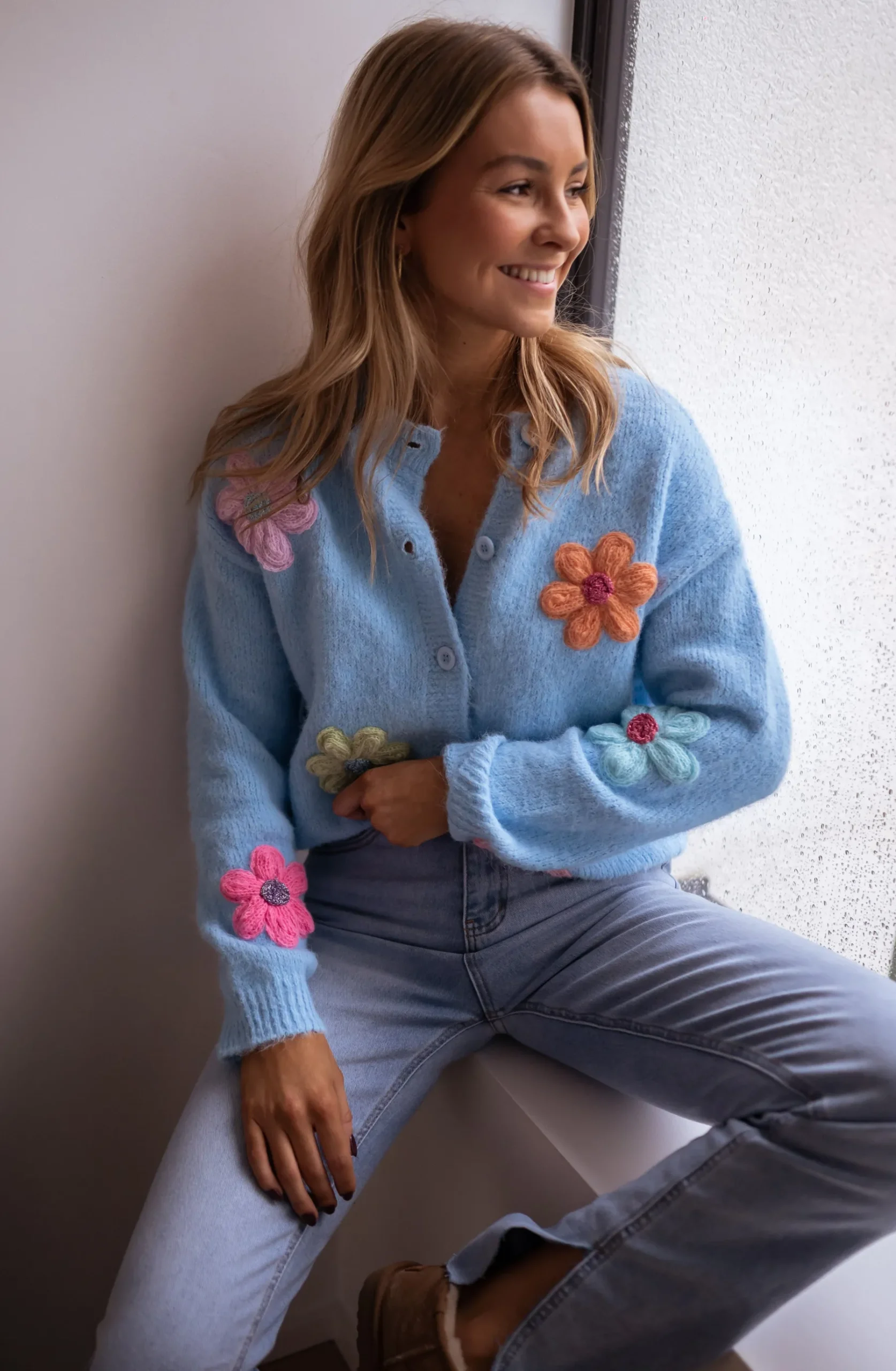 Pulls & Gilets-EASY-CLOTHES Gilet Charlise - Bleu à fleursEasy Clothes Bleu à fleurs
