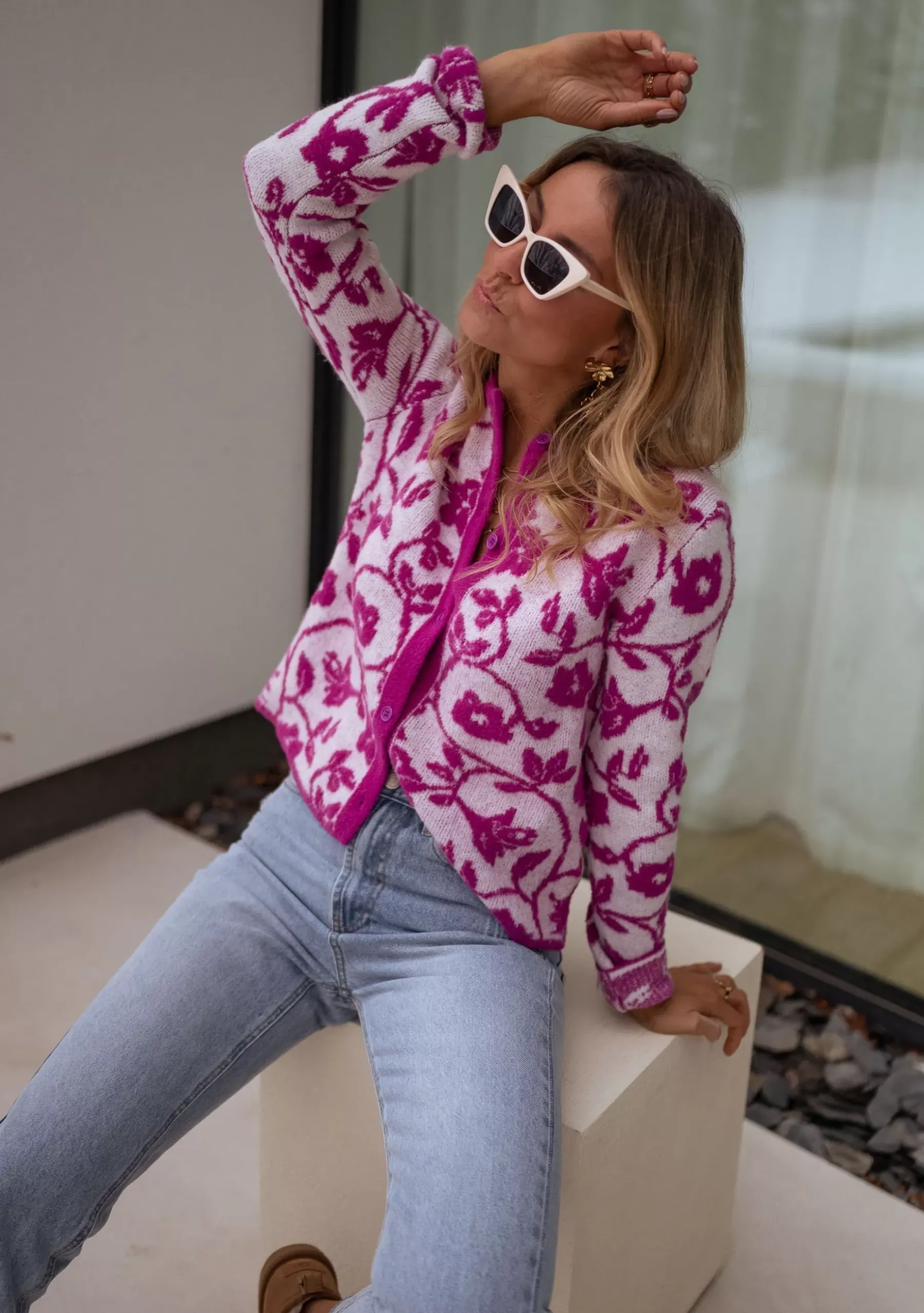 Pulls & Gilets-EASY-CLOTHES Gilet Daisy à fleurs - roseEasy Clothes Rose