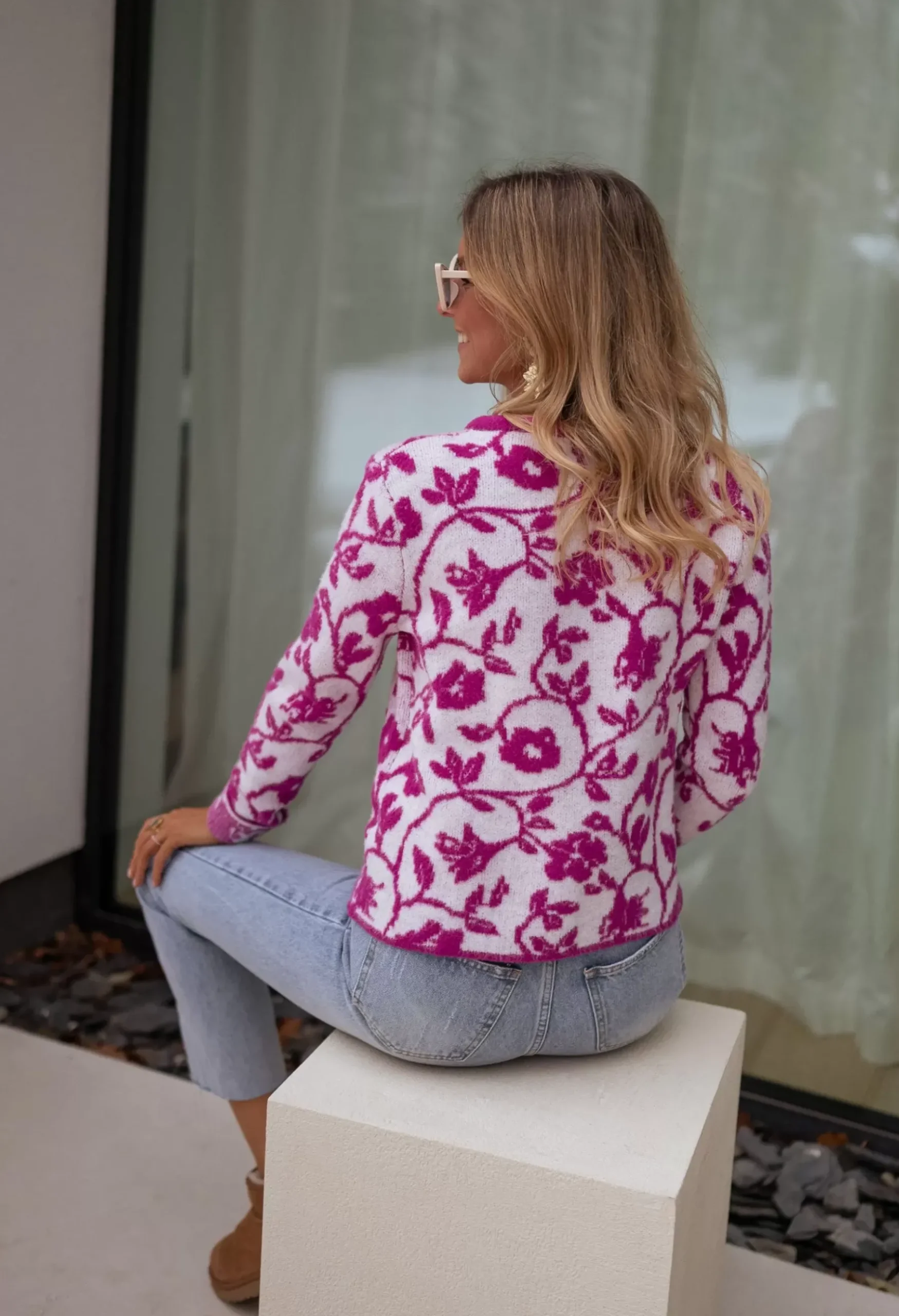 Pulls & Gilets-EASY-CLOTHES Gilet Daisy à fleurs - roseEasy Clothes Rose