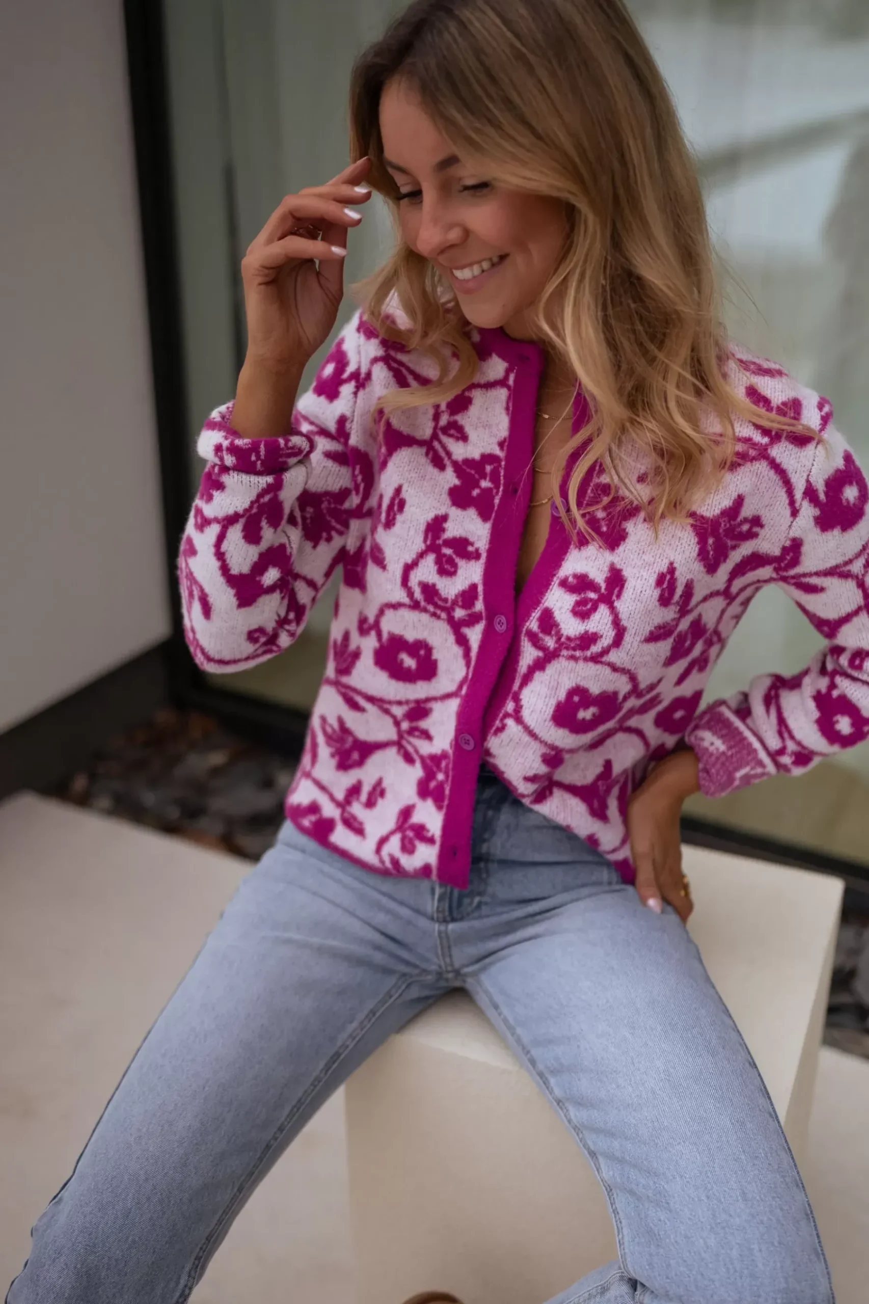 Pulls & Gilets-EASY-CLOTHES Gilet Daisy à fleurs - roseEasy Clothes Rose
