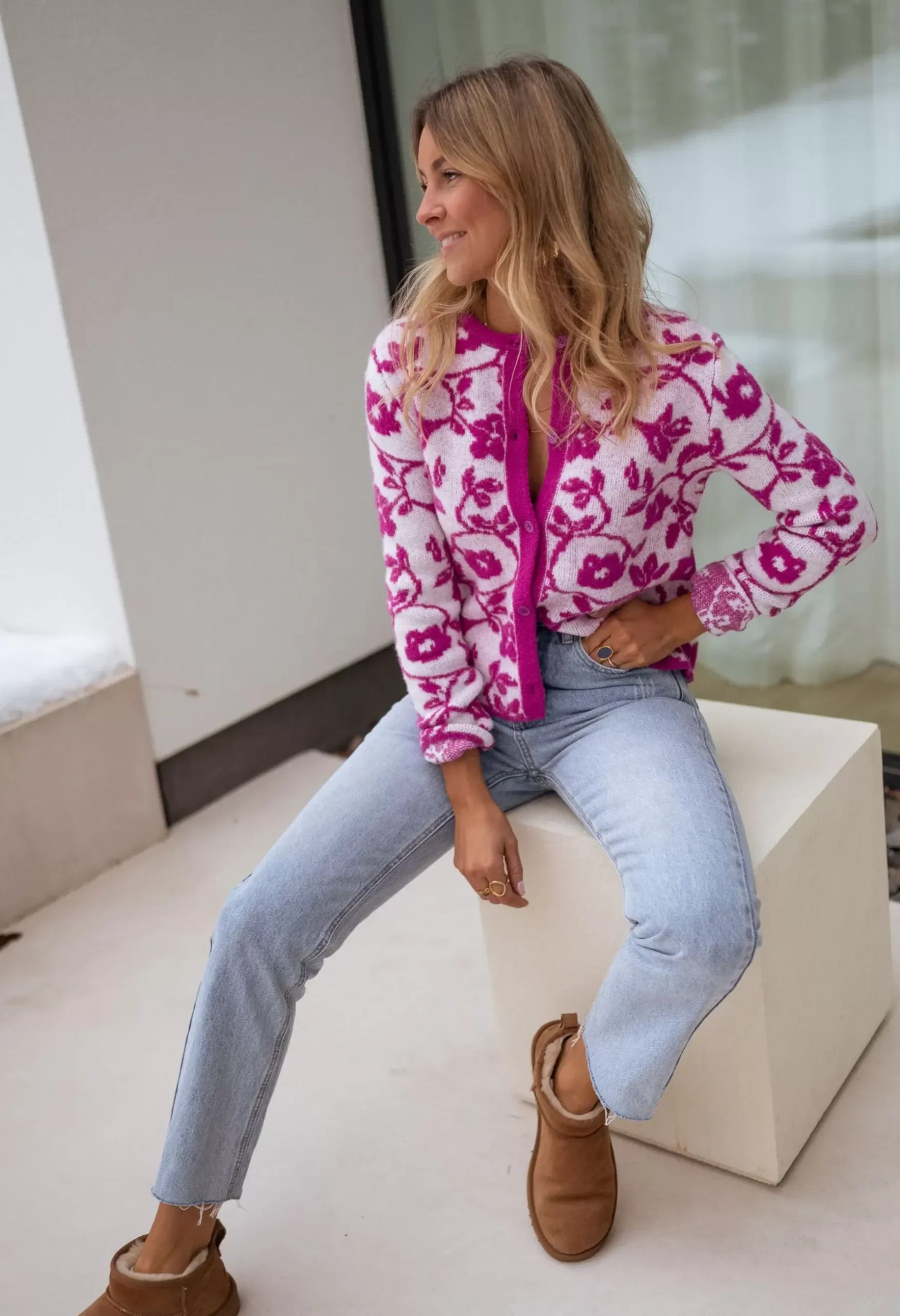 Pulls & Gilets-EASY-CLOTHES Gilet Daisy à fleurs - roseEasy Clothes Rose