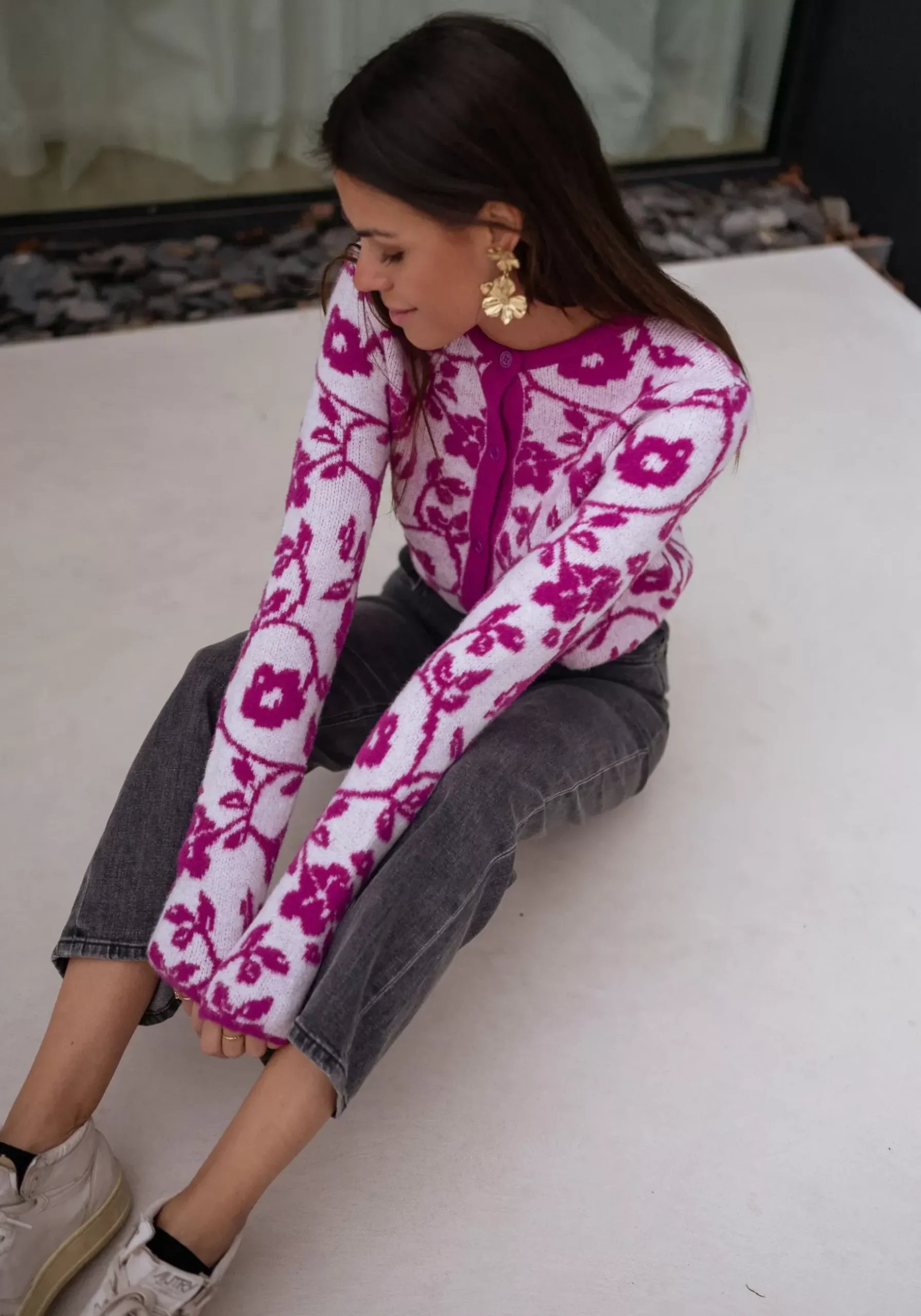 Pulls & Gilets-EASY-CLOTHES Gilet Daisy à fleurs - roseEasy Clothes Rose