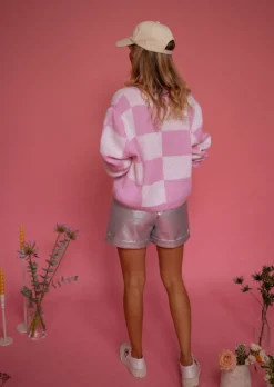 Pulls & Gilets-EASY-CLOTHES Gilet Damier Aaron | Rose & Écru | Vêtements FemmeEasy Clothes Rose et écru