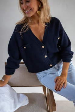 Pulls & Gilets-EASY-CLOTHES Gilet Dara - Bleu - Boutons DorésEasy Clothes Bleu       