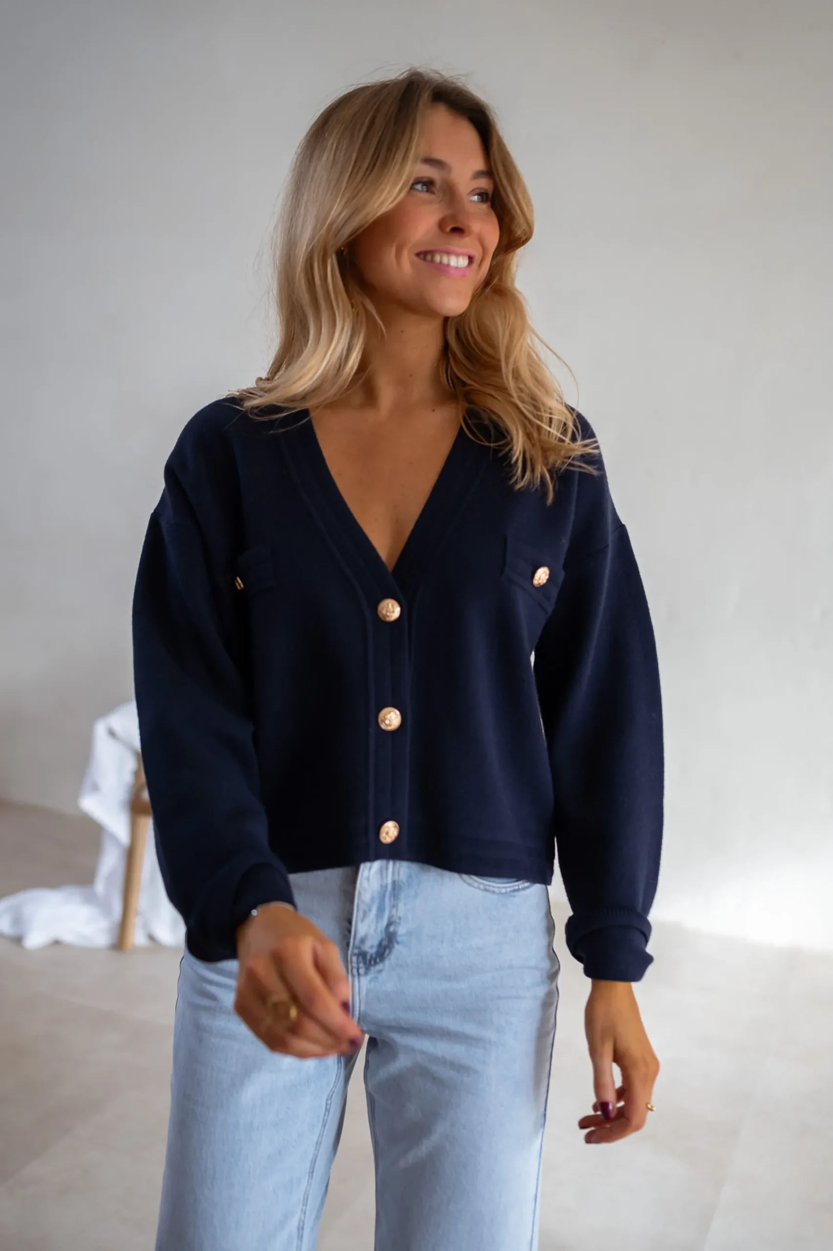 Pulls & Gilets-EASY-CLOTHES Gilet Dara - Bleu - Boutons DorésEasy Clothes Bleu