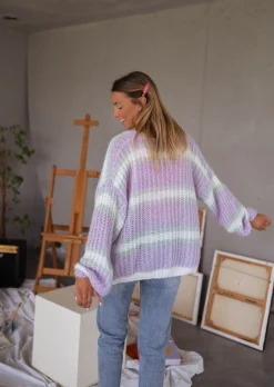 Pulls & Gilets-EASY-CLOTHES Gilet Janet mauve, écru et vert | Gilet Bernadette ligné | Prêt-à-porter en ligne | Easy Clothes Mauve, écru et vert       