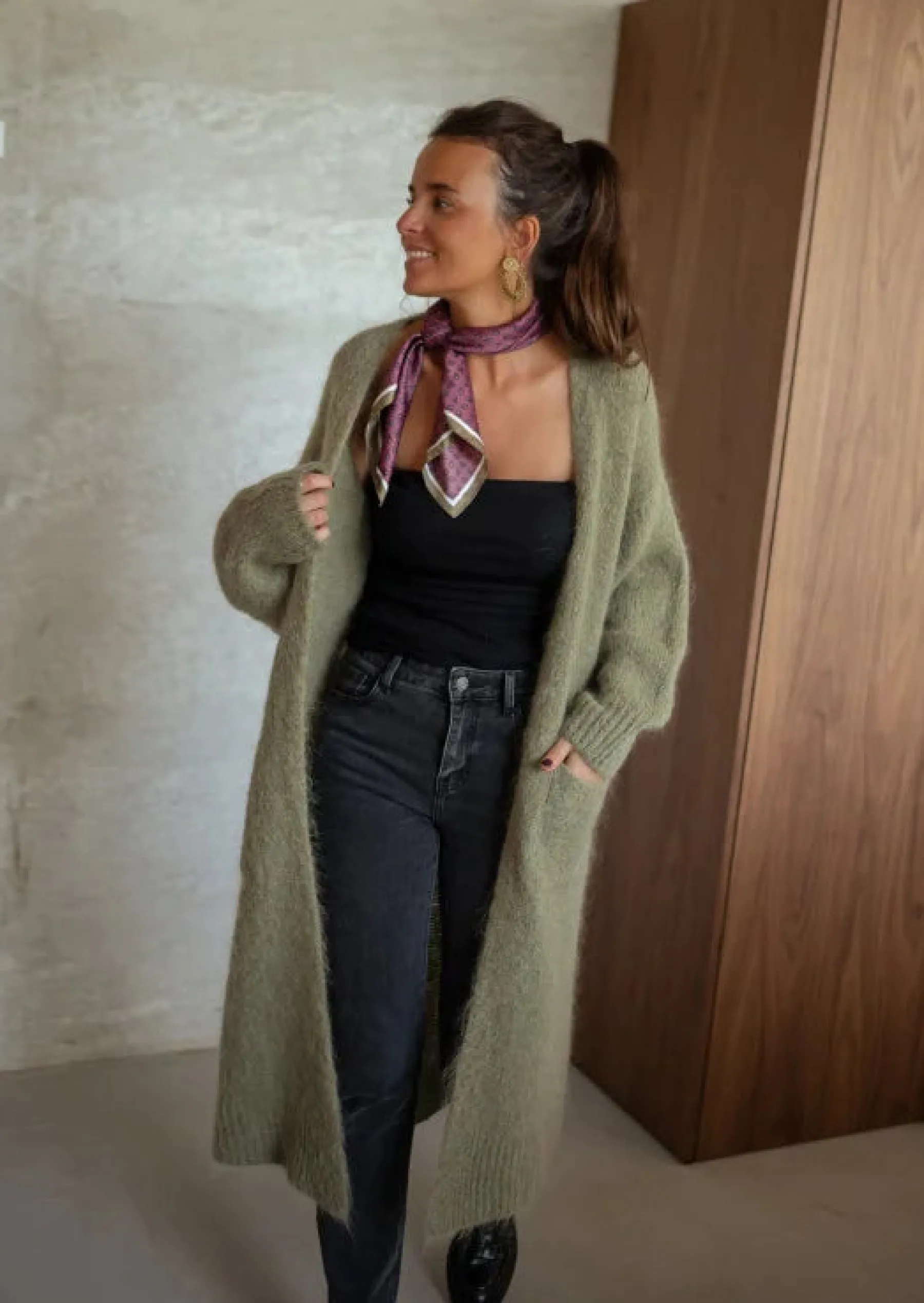 Pulls & Gilets-EASY-CLOTHES Gilet Pelly - Kaki - Long & Loose - Avec PochesEasy Clothes Kaki