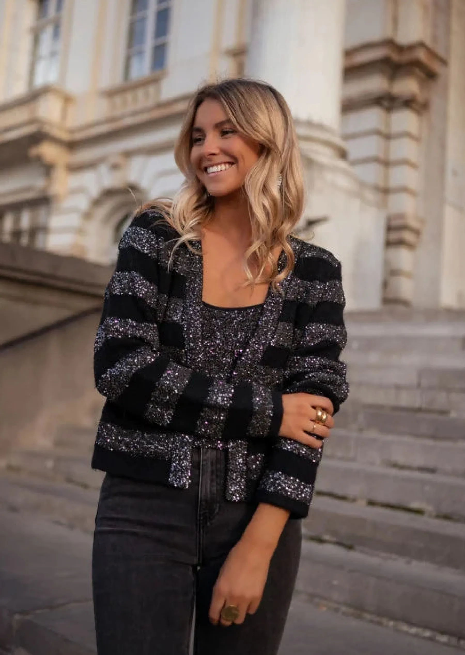 Pulls & Gilets-EASY-CLOTHES Gilet Pimpa Noir - Paillettes Argentées - Easy Clothes Noir