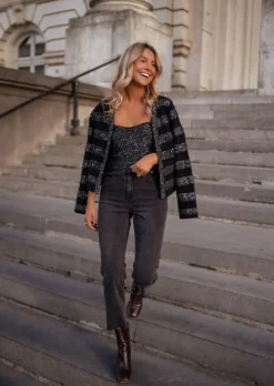 Pulls & Gilets-EASY-CLOTHES Gilet Pimpa Noir - Paillettes Argentées - Easy Clothes Noir       