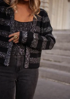 Pulls & Gilets-EASY-CLOTHES Gilet Pimpa Noir - Paillettes Argentées - Easy Clothes Noir
