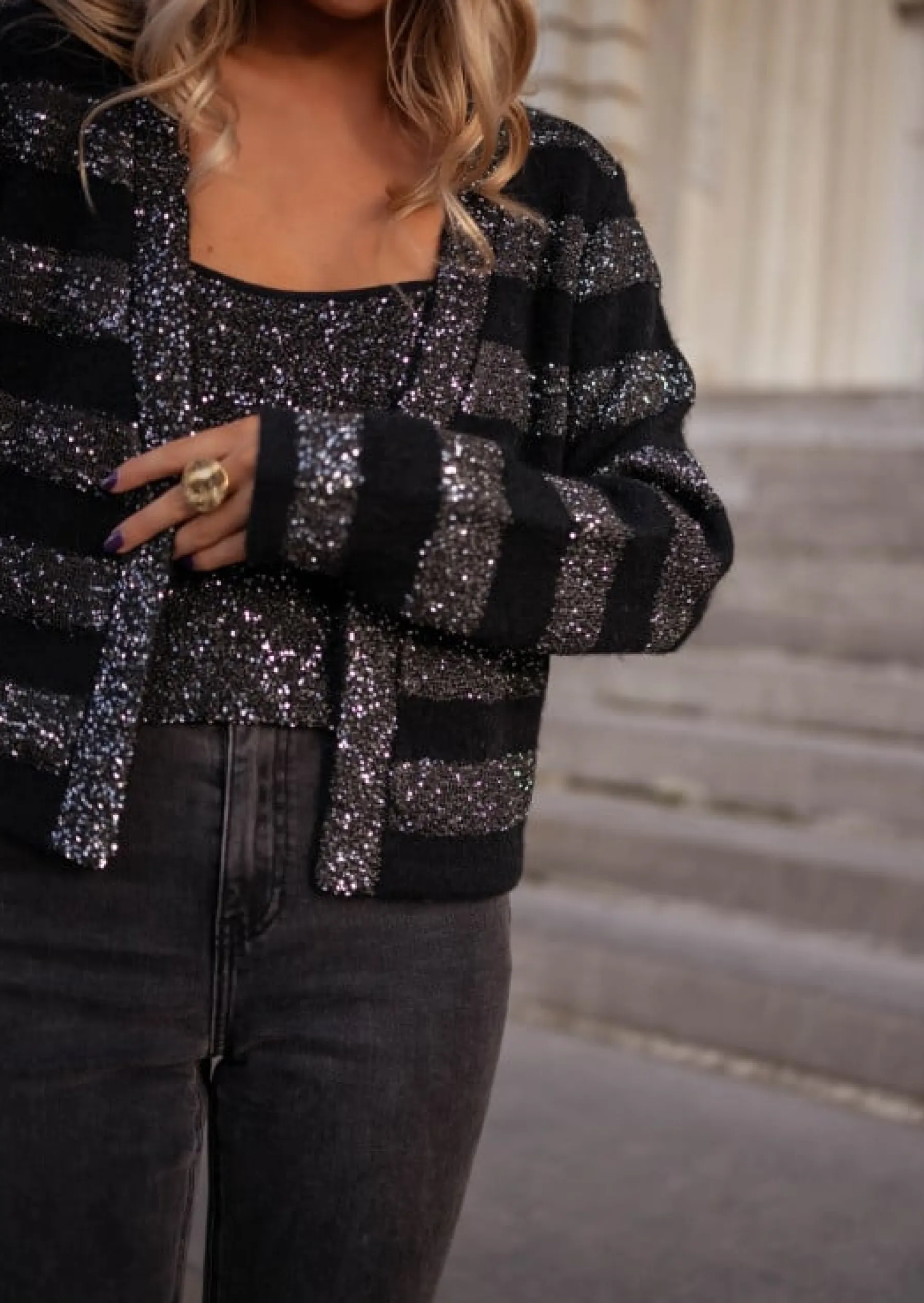 Pulls & Gilets-EASY-CLOTHES Gilet Pimpa Noir - Paillettes Argentées - Easy Clothes Noir