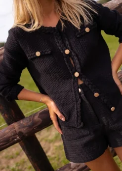 Pulls & Gilets-EASY-CLOTHES Gilet Sam Noir - Tressage - Boutons Dorés - Taille UniqueEasy Clothes Noir