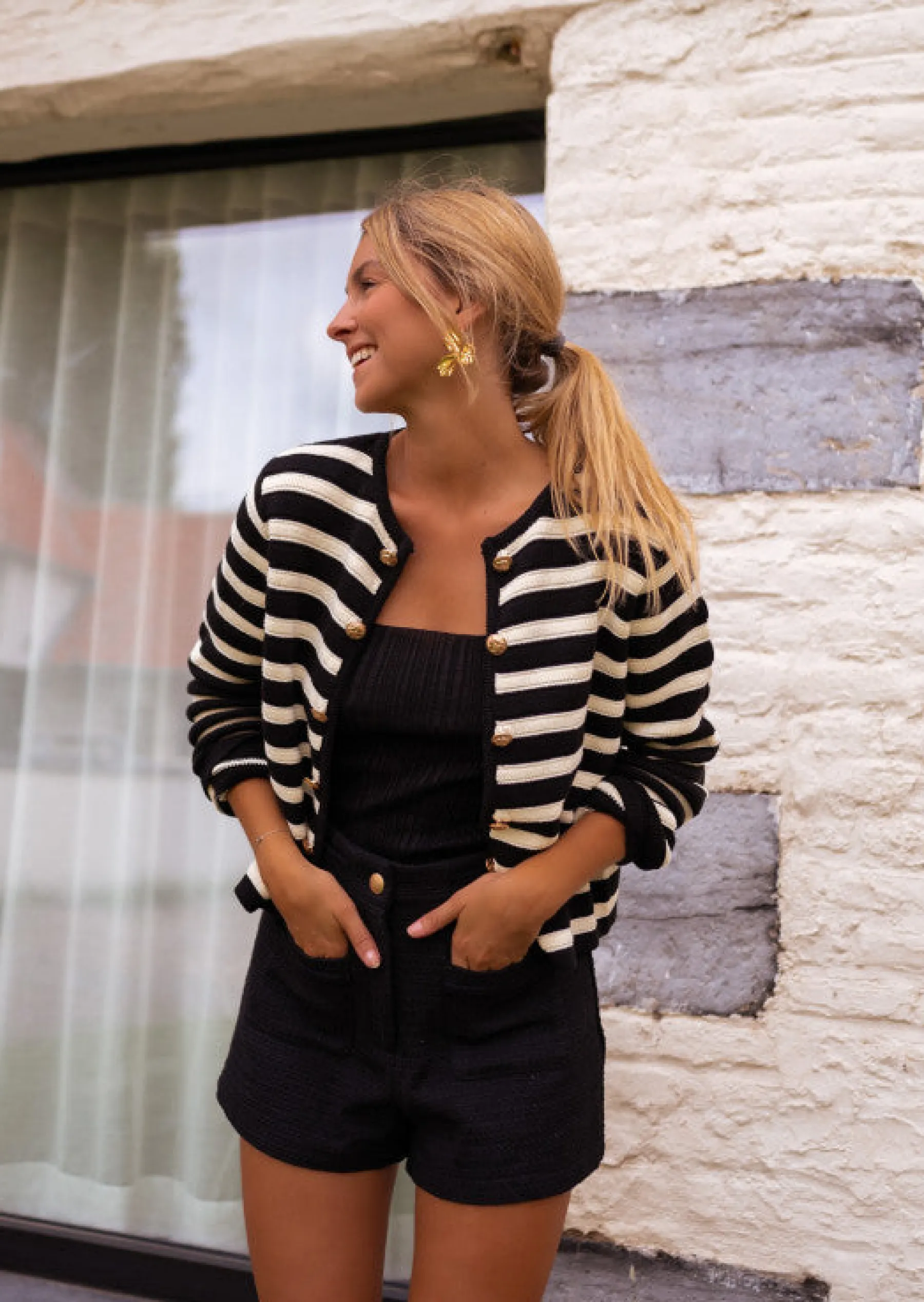 Pulls & Gilets-EASY-CLOTHES Gilet Tiago - À Lignes - Noir & Écru - Vêtements FemmeEasy Clothes À lignes
