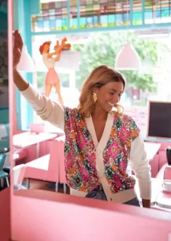 Pulls & Gilets-EASY-CLOTHES Gilet Vito - Paillettes Multicolores - Couleur ÉcrueEasy Clothes Écru à paillettes multicolores       