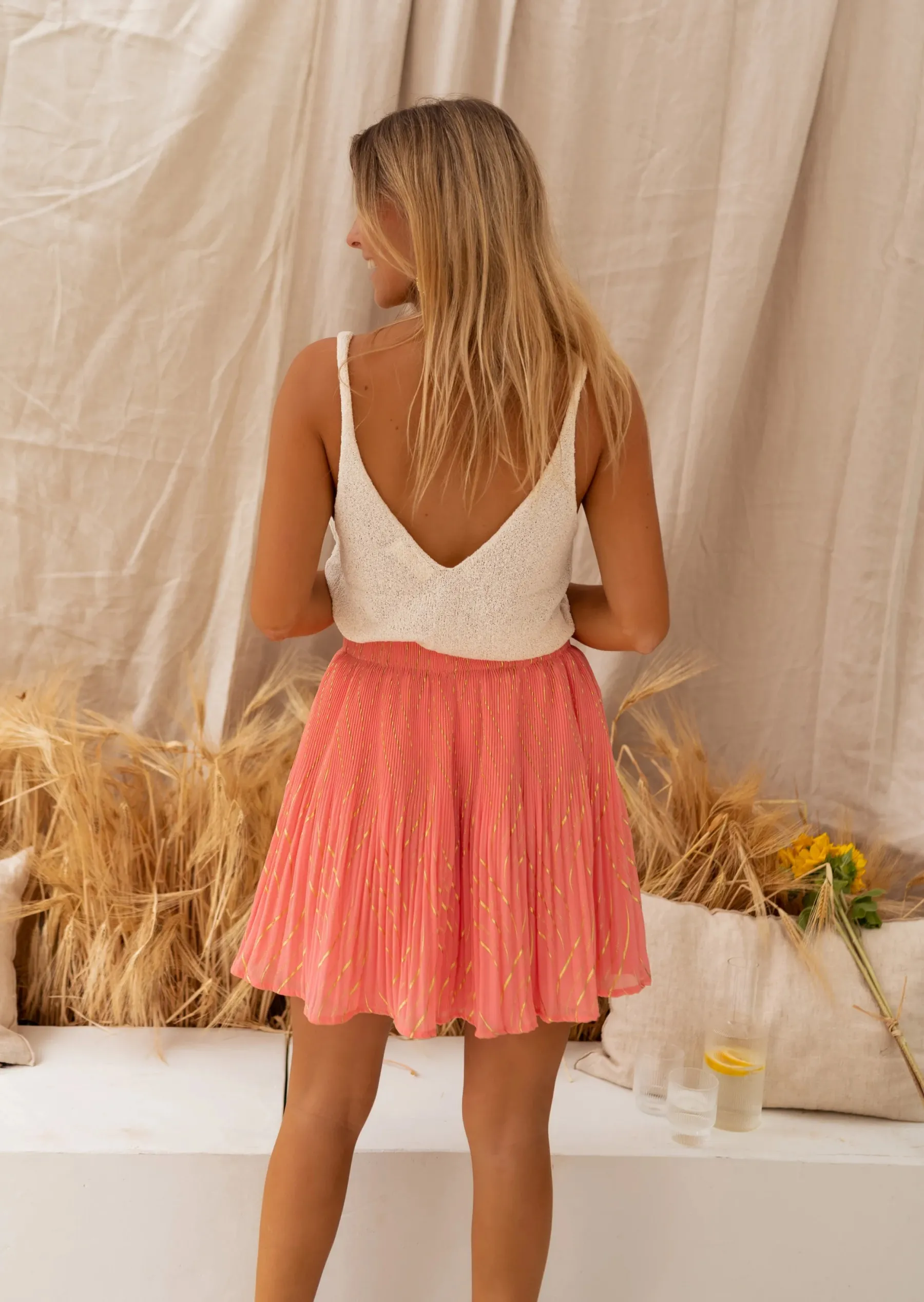 Jupes & Shorts-EASY-CLOTHES Jupe Daffy - Corail & Doré - Vêtements Fashion Femme 2023Easy Clothes Corail et doré
