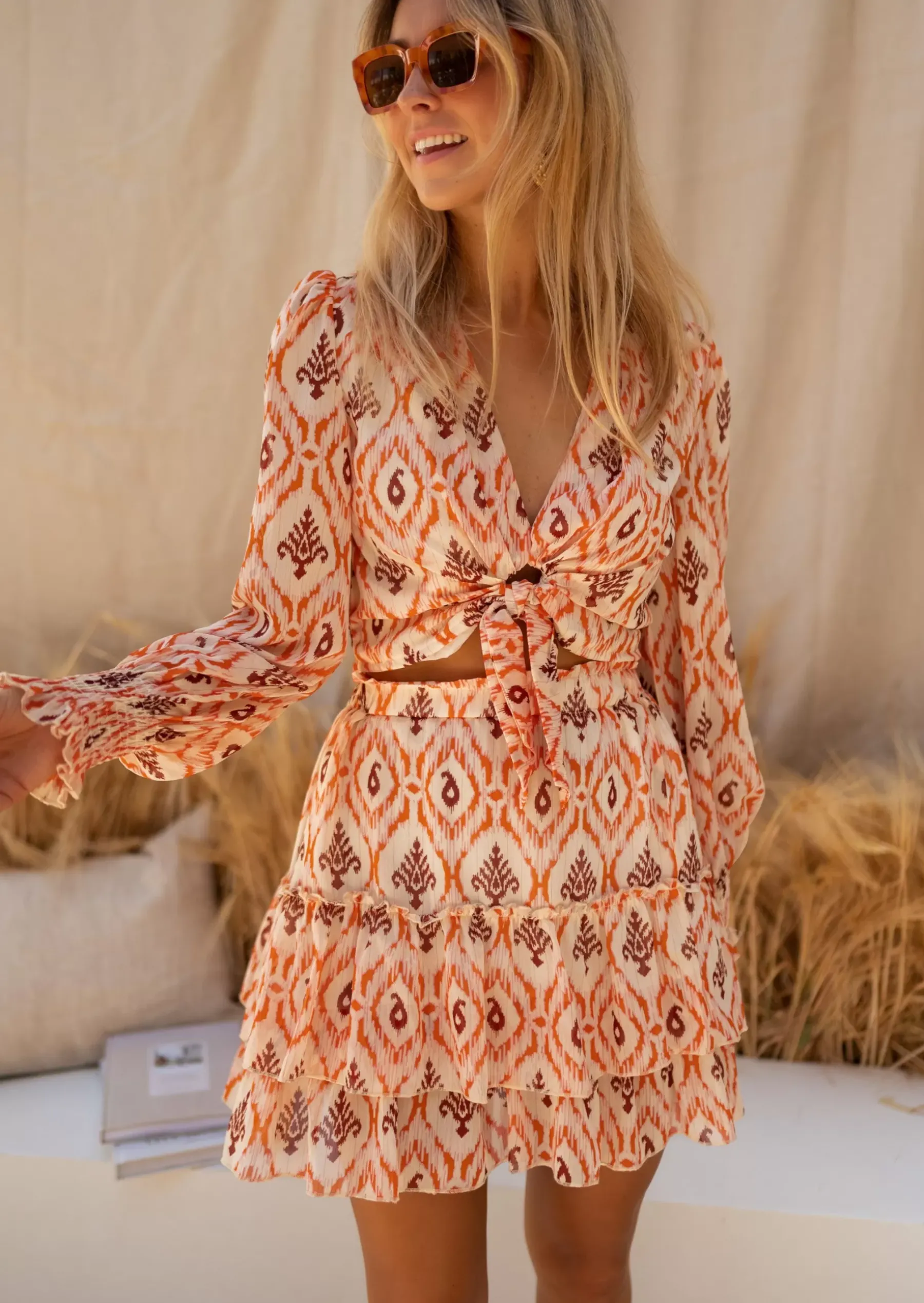 Jupes & Shorts-EASY-CLOTHES Jupe Lush à Motifs | Orange & Brune | Vêtements Femme | Easy Clothes Orange et brune à motifs