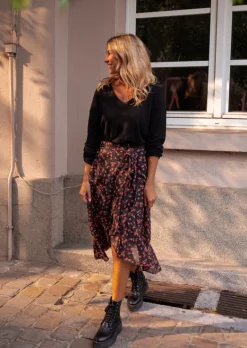 Jupes & Shorts-EASY-CLOTHES Jupe Mi Longue London - Noire Avec Motifs - FluideEasy Clothes Noire       