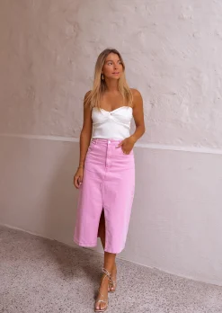 Jupes & Shorts-EASY-CLOTHES Jupe Perdita - En Jeans Rose - Mi Longue - Légèrement FendueEasy Clothes Rose en jeans       