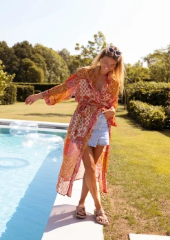 Body & Lingerie-EASY-CLOTHES Kimono Omera rose et orange à motifs | Kimono de plage | Prêt-à-porter en ligne | Easy Clothes Rose et orange à motifs