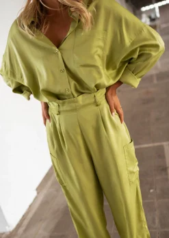 Pantalons-EASY-CLOTHES Pantalon Chandler vert olive | Pantalon large satiné | Prêt-à-porter en ligne | Easy Clothes Vert olive
