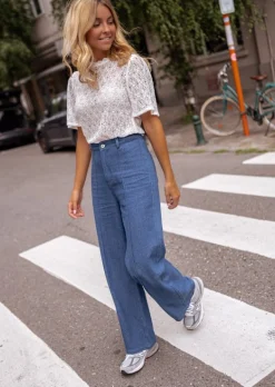 Pantalons-EASY-CLOTHES Pantalon Delphine - Bleu Jeans - Taille Haute - Coupe DroiteEasy Clothes Bleu jeans