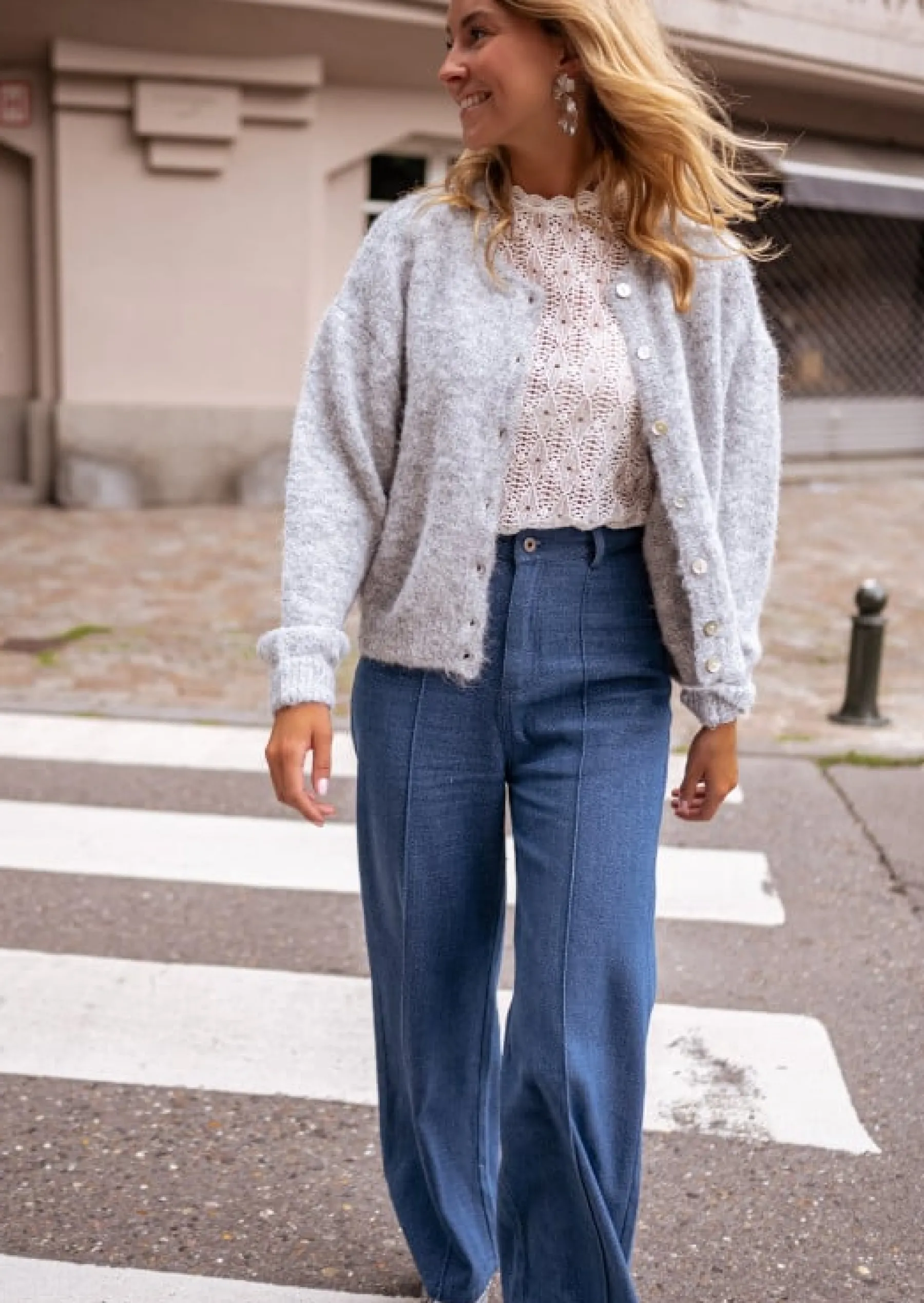 Pantalons-EASY-CLOTHES Pantalon Delphine - Bleu Jeans - Taille Haute - Coupe DroiteEasy Clothes Bleu jeans
