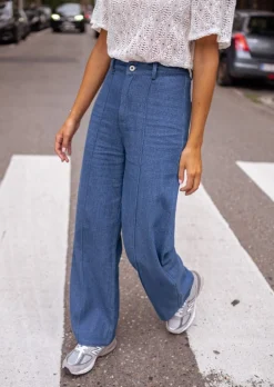 Pantalons-EASY-CLOTHES Pantalon Delphine - Bleu Jeans - Taille Haute - Coupe DroiteEasy Clothes Bleu jeans
