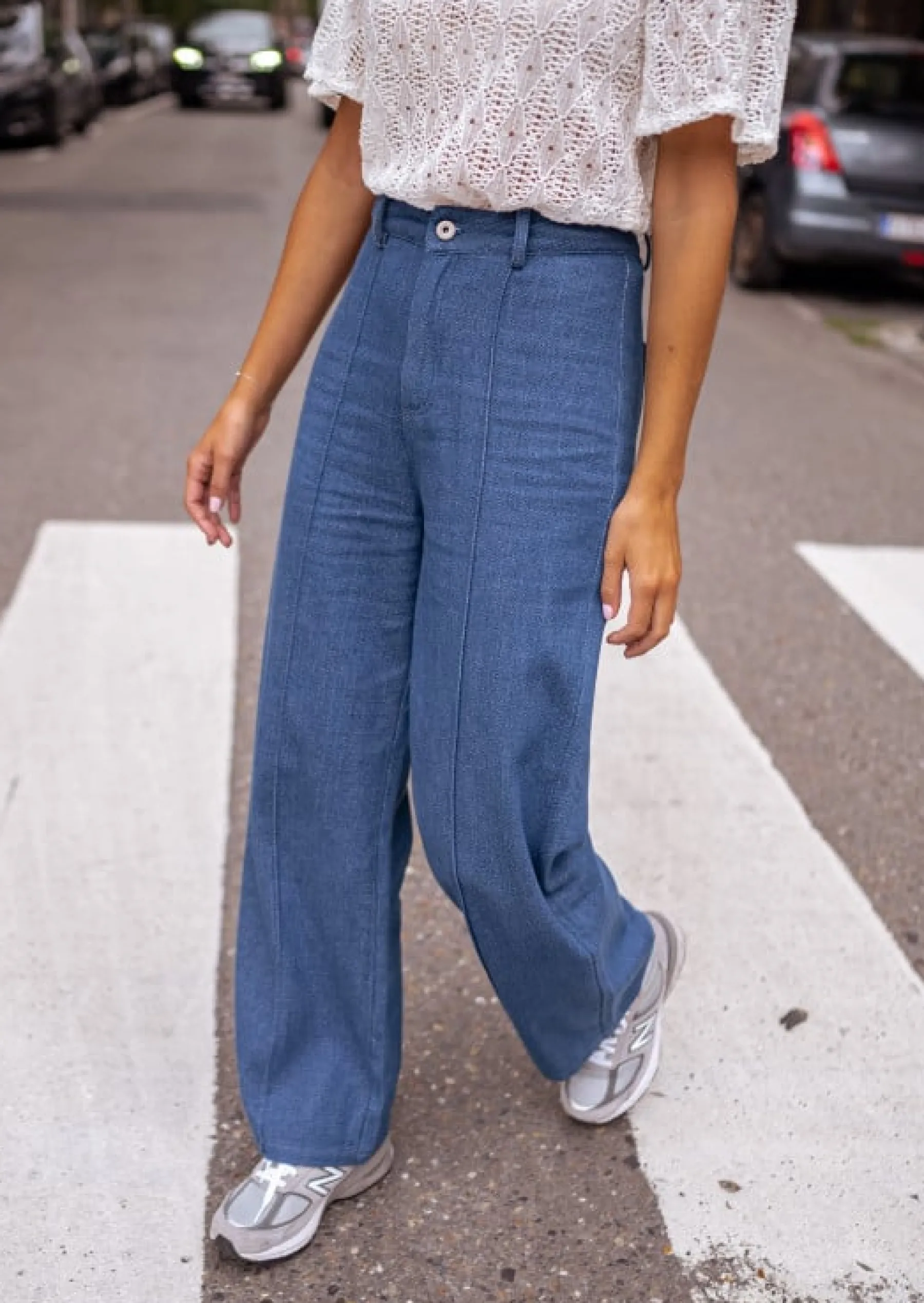 Pantalons-EASY-CLOTHES Pantalon Delphine - Bleu Jeans - Taille Haute - Coupe DroiteEasy Clothes Bleu jeans