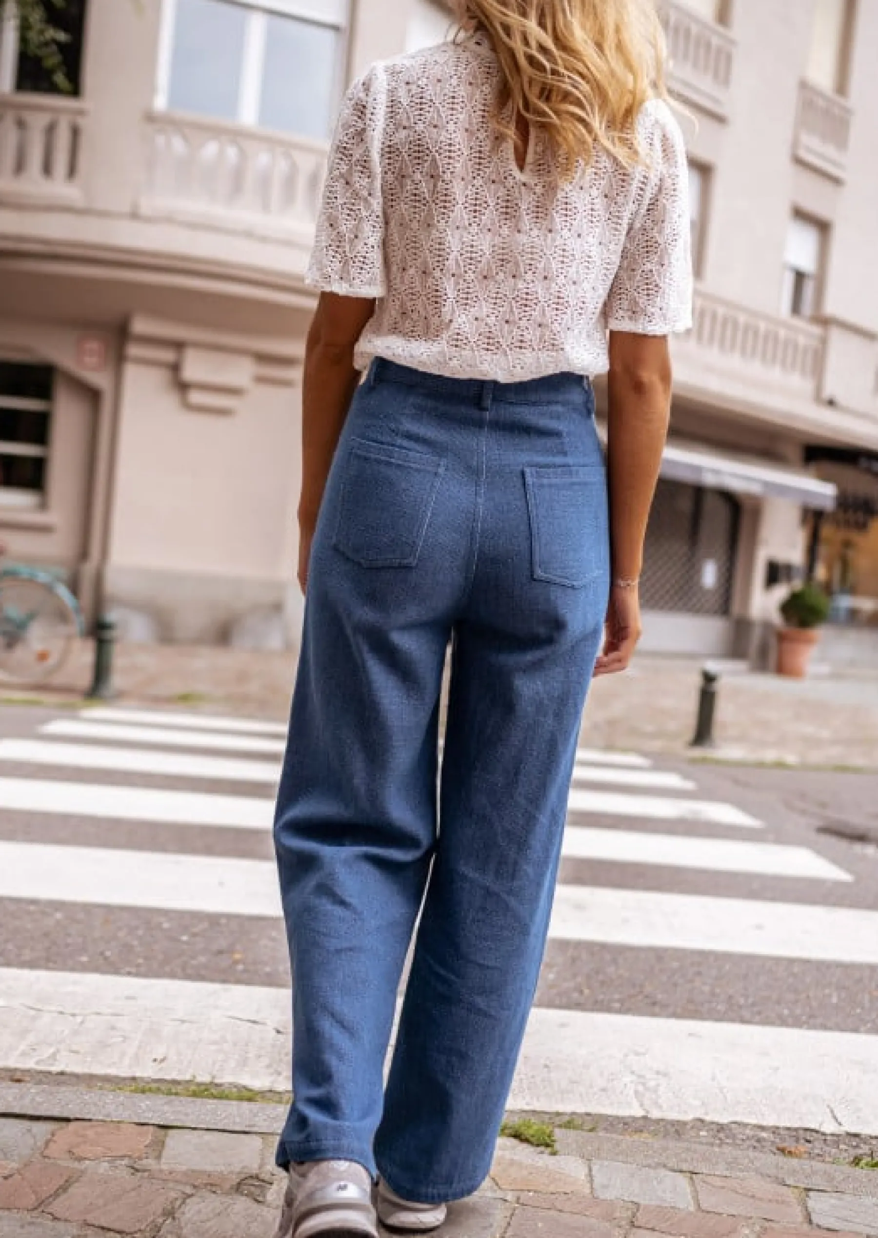 Pantalons-EASY-CLOTHES Pantalon Delphine - Bleu Jeans - Taille Haute - Coupe DroiteEasy Clothes Bleu jeans