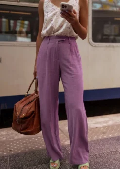 Pantalons-EASY-CLOTHES Pantalon Joey mauve en lin | Pantalon large en lin | Prêt-à-porter en ligne | Easy Clothes Mauve en lin       
