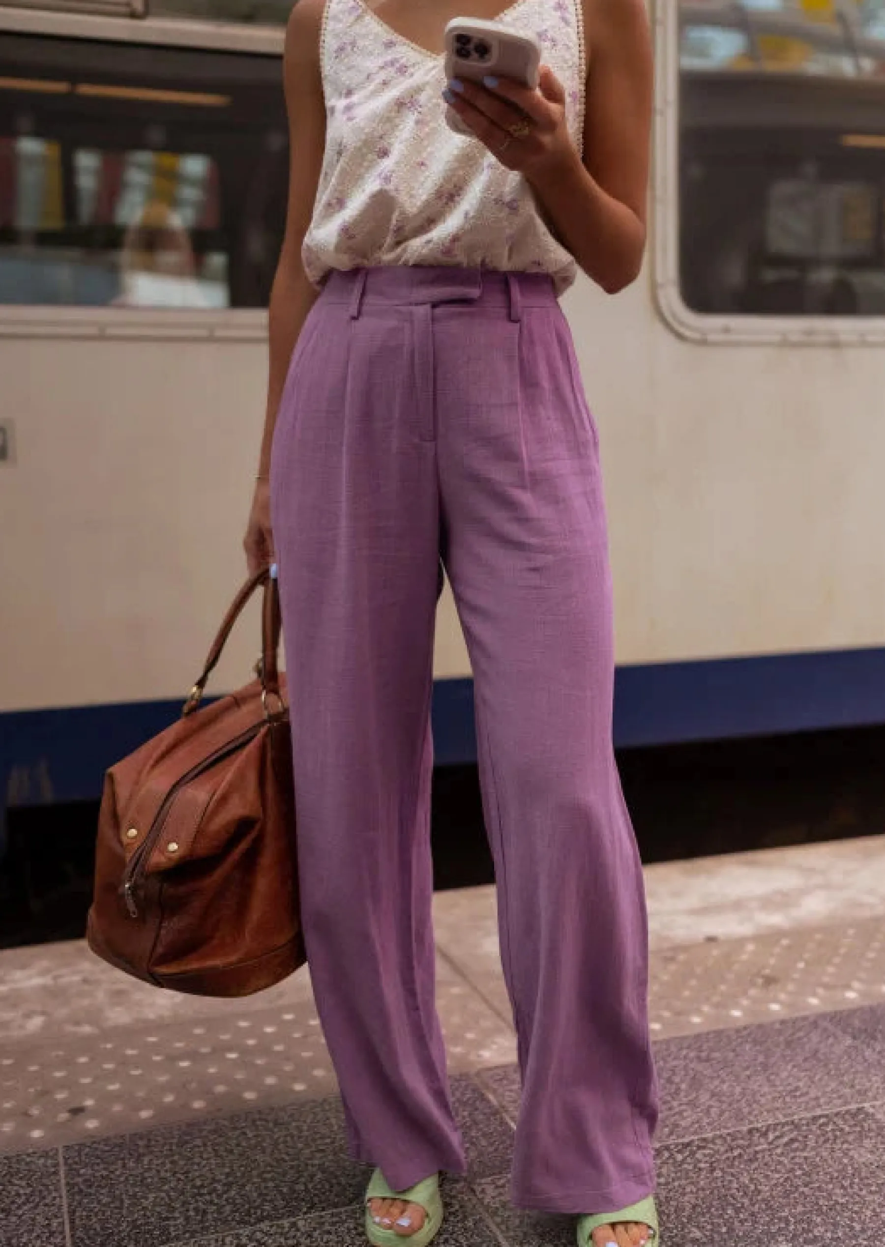 Pantalons-EASY-CLOTHES Pantalon Joey mauve en lin | Pantalon large en lin | Prêt-à-porter en ligne | Easy Clothes Mauve en lin