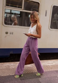 Pantalons-EASY-CLOTHES Pantalon Joey mauve en lin | Pantalon large en lin | Prêt-à-porter en ligne | Easy Clothes Mauve en lin