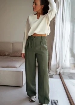 Pantalons-EASY-CLOTHES Pantalon Lowen - Kaki - Taille Haute - Made In FranceEasy Clothes Kaki