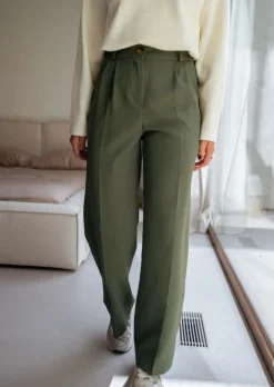 Pantalons-EASY-CLOTHES Pantalon Lowen - Kaki - Taille Haute - Made In FranceEasy Clothes Kaki