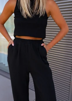 Pantalons-EASY-CLOTHES Pantalon Shiva noir en gaze de coton | Pantalon ample de coton | Prêt-à-porter en ligne | Easy Clothes Noir en gaze de coton       