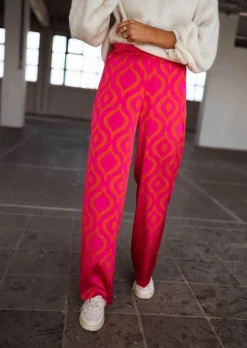 Pantalons-EASY-CLOTHES Pantalon Thaly rose avec motifs oranges | Pantalon satiné fluide | Prêt-à-porter en ligne | Easy Clothes Rose avec motifs oranges       