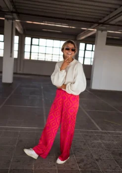 Pantalons-EASY-CLOTHES Pantalon Thaly rose avec motifs oranges | Pantalon satiné fluide | Prêt-à-porter en ligne | Easy Clothes Rose avec motifs oranges       