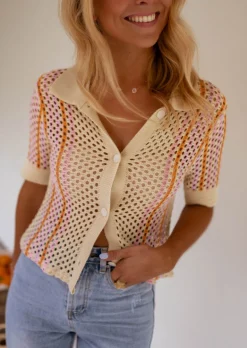 Tops & T-shirts-EASY-CLOTHES Polo Lison en crochet beige | Polo coloré | Prêt-à-porter en ligne | Easy Clothes Beige       