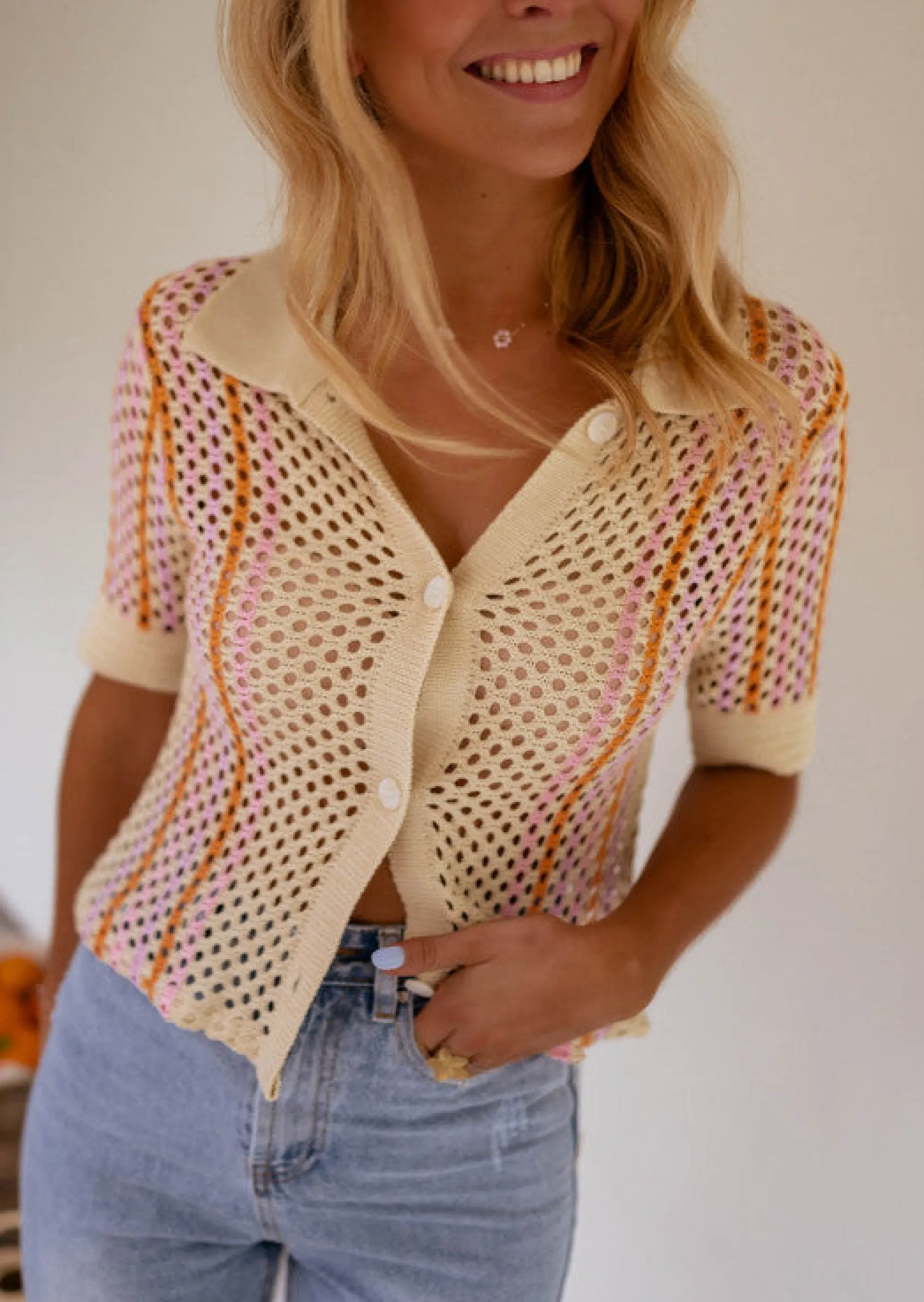 Tops & T-shirts-EASY-CLOTHES Polo Lison en crochet beige | Polo coloré | Prêt-à-porter en ligne | Easy Clothes Beige