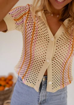 Tops & T-shirts-EASY-CLOTHES Polo Lison en crochet beige | Polo coloré | Prêt-à-porter en ligne | Easy Clothes Beige       