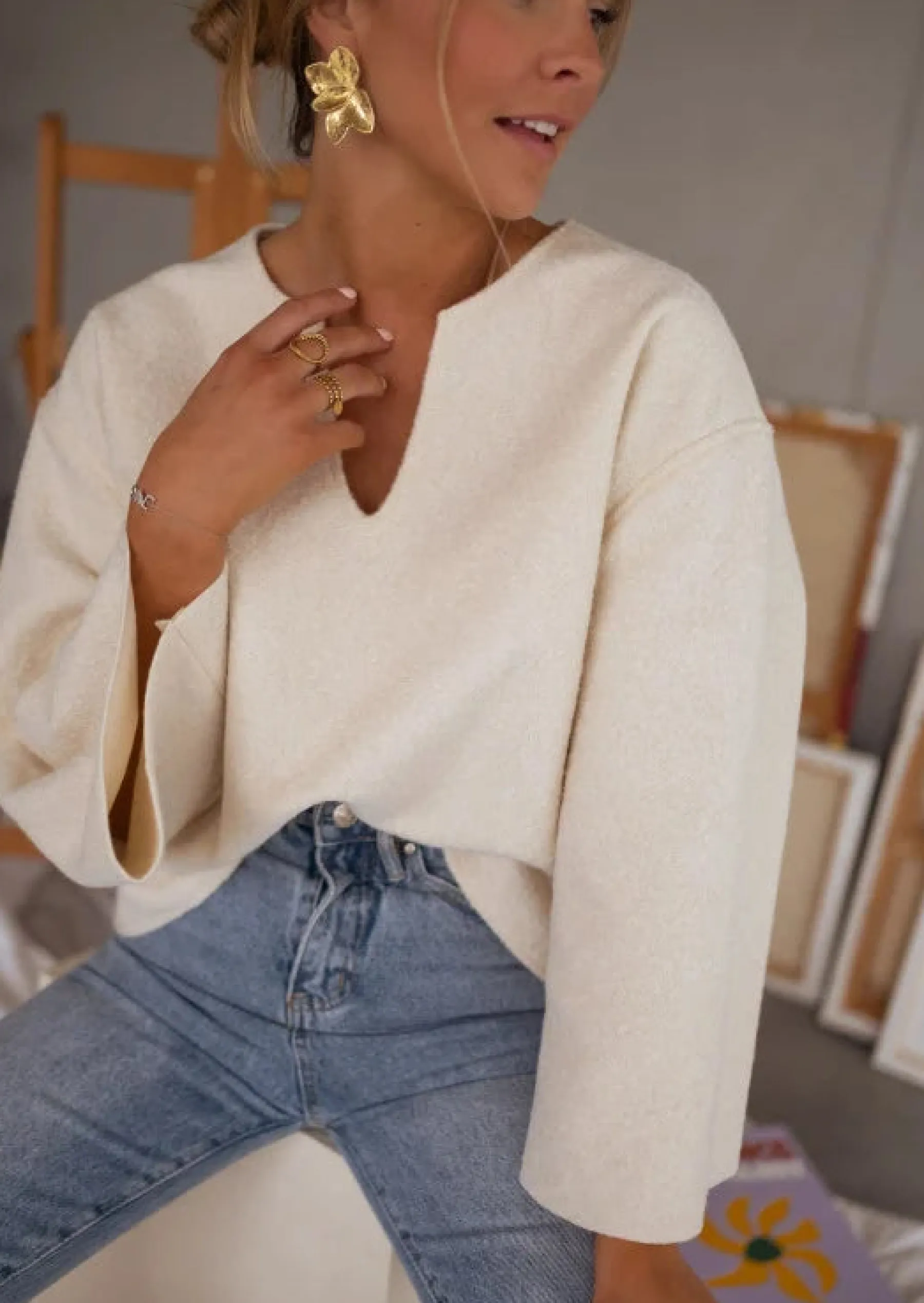 Pulls & Gilets-EASY-CLOTHES Pull Aisha Écru | Col en V | Légèrement LooseEasy Clothes Écru