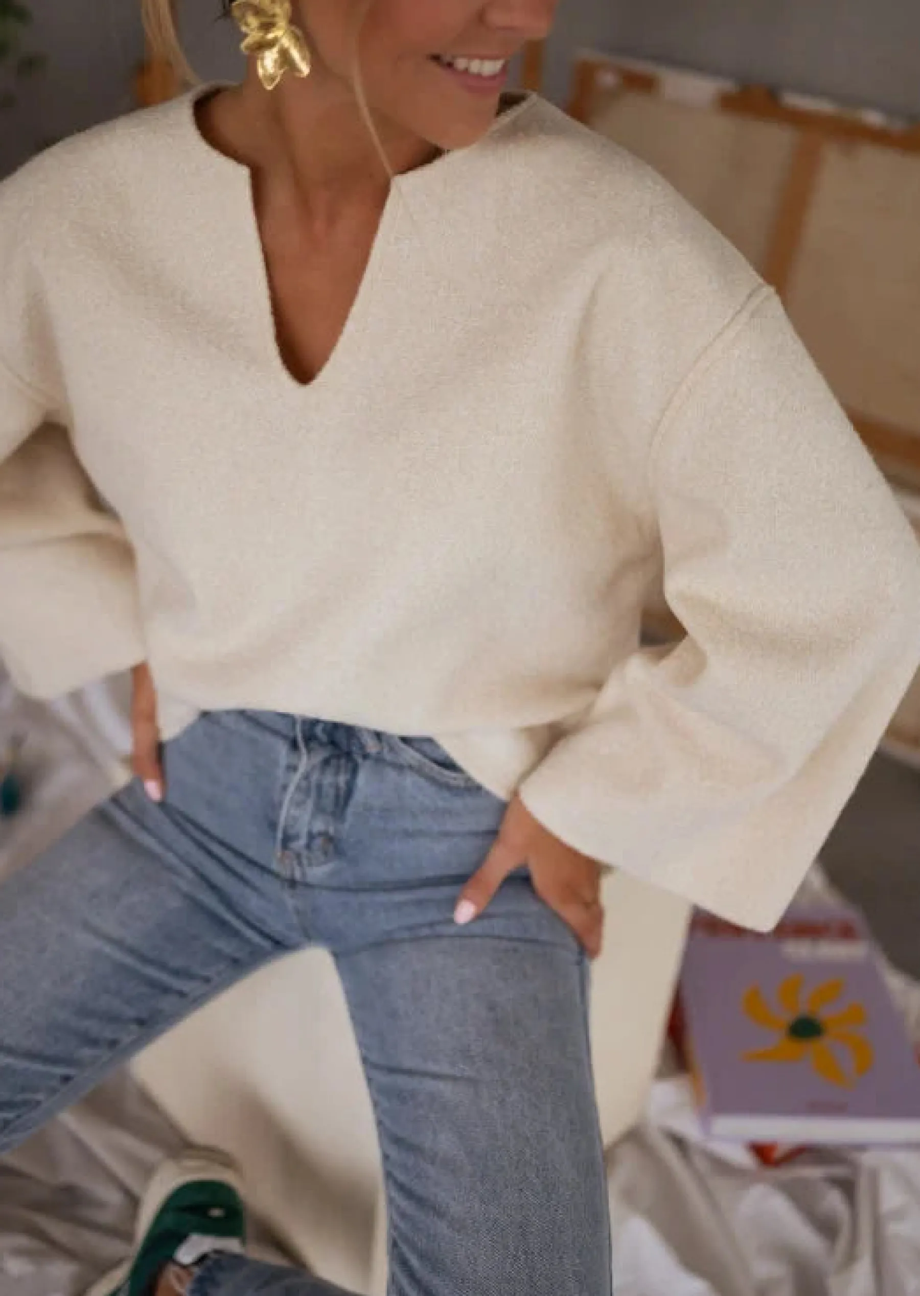 Pulls & Gilets-EASY-CLOTHES Pull Aisha Écru | Col en V | Légèrement LooseEasy Clothes Écru