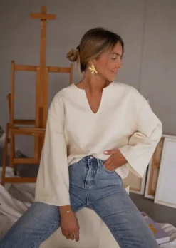 Pulls & Gilets-EASY-CLOTHES Pull Aisha Écru | Col en V | Légèrement LooseEasy Clothes Écru