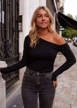 Pulls & Gilets-EASY-CLOTHES Pull Casper - Noir & Fin - Asymétrique à Manches LonguesEasy Clothes Noir       