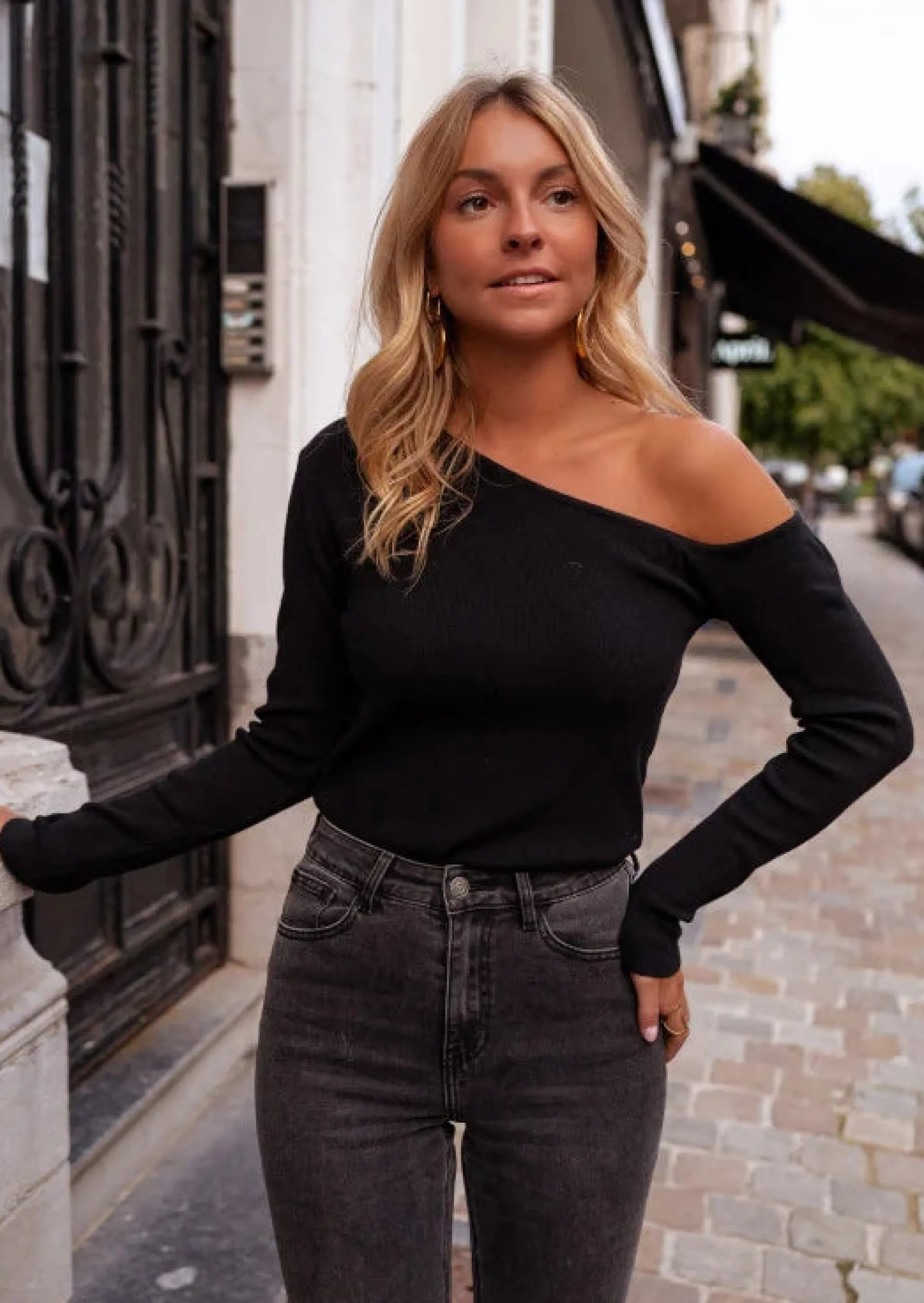 Pulls & Gilets-EASY-CLOTHES Pull Casper - Noir & Fin - Asymétrique à Manches LonguesEasy Clothes Noir
