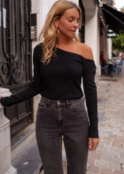 Pulls & Gilets-EASY-CLOTHES Pull Casper - Noir & Fin - Asymétrique à Manches LonguesEasy Clothes Noir