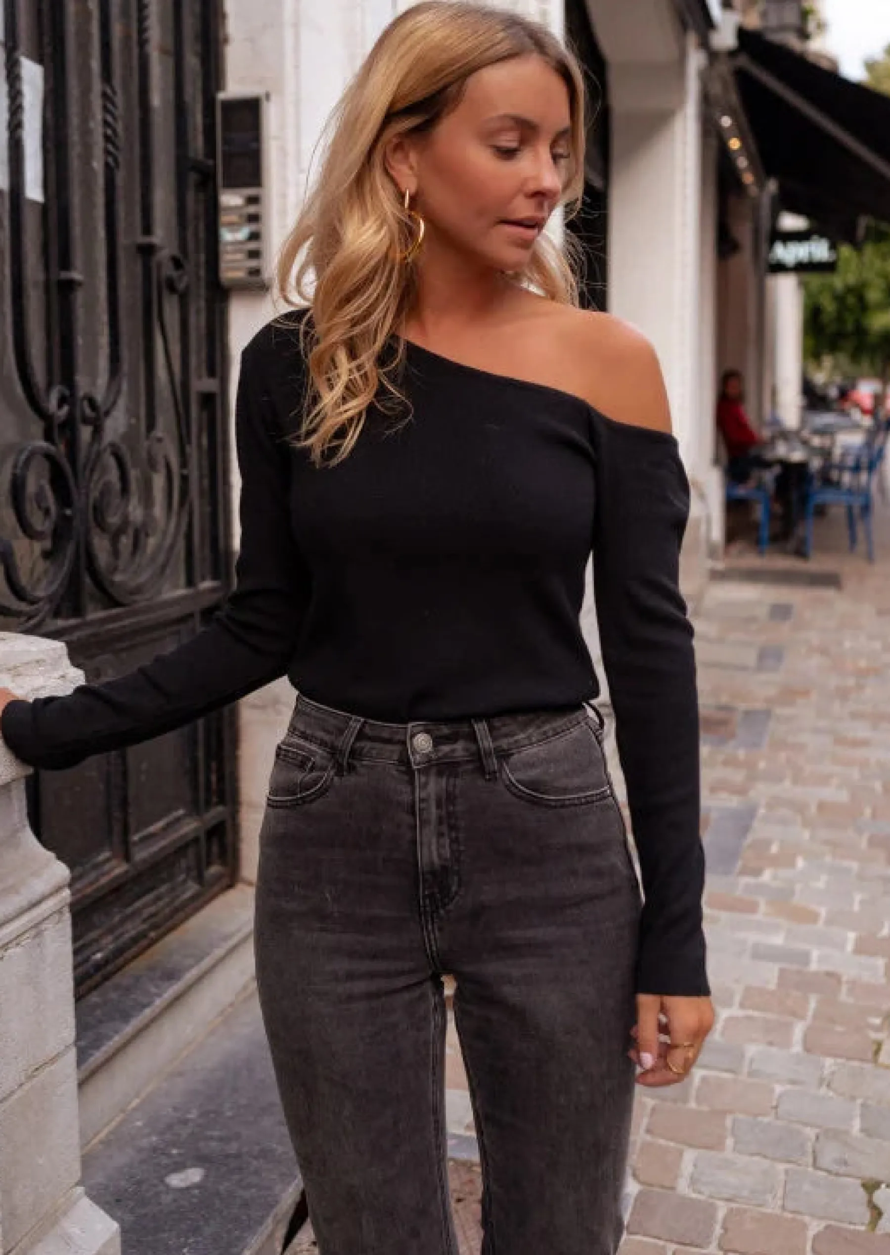 Pulls & Gilets-EASY-CLOTHES Pull Casper - Noir & Fin - Asymétrique à Manches LonguesEasy Clothes Noir