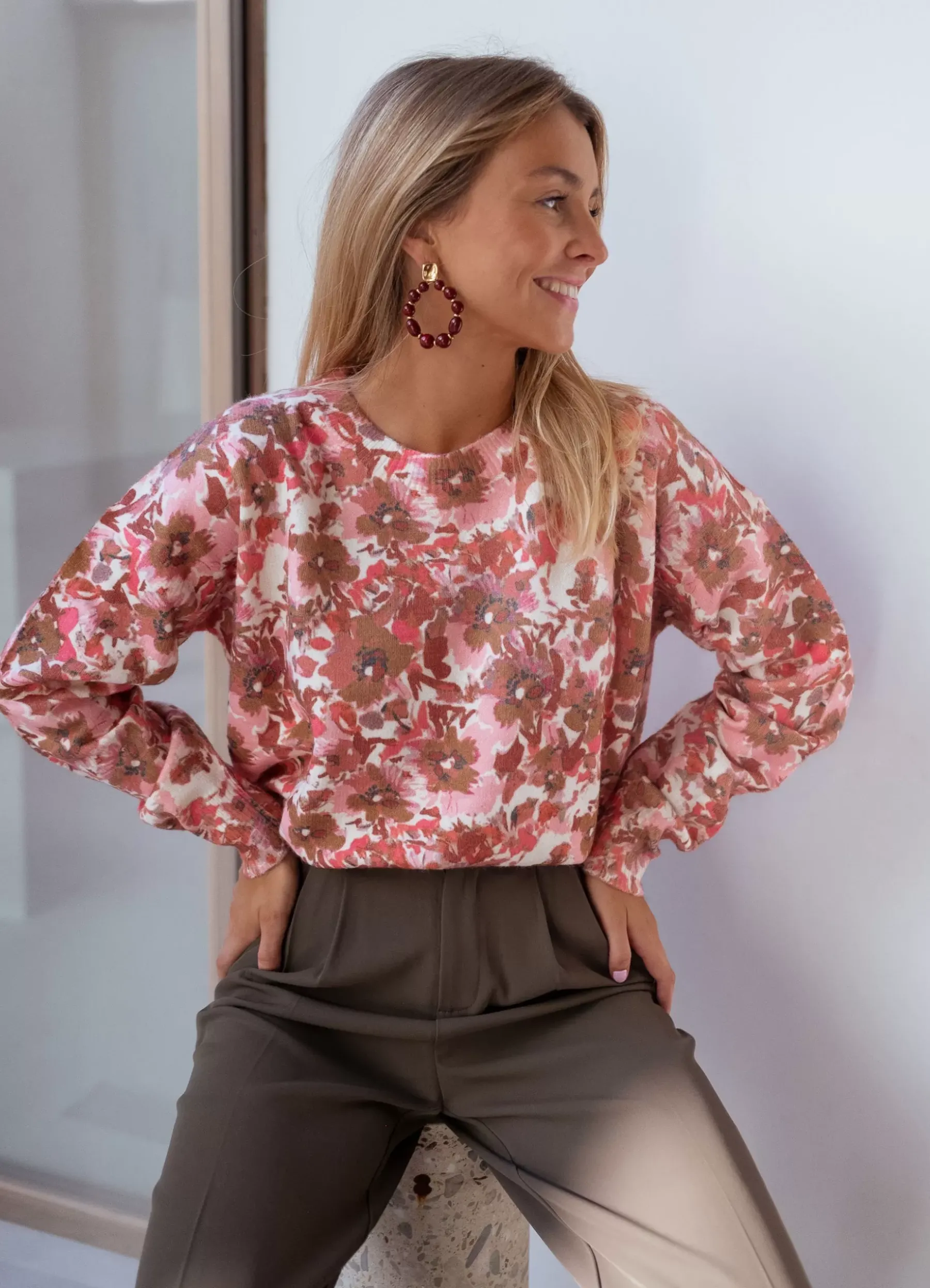 Pulls & Gilets-EASY-CLOTHES Pull Erica - rose à fleursEasy Clothes Rose à fleurs